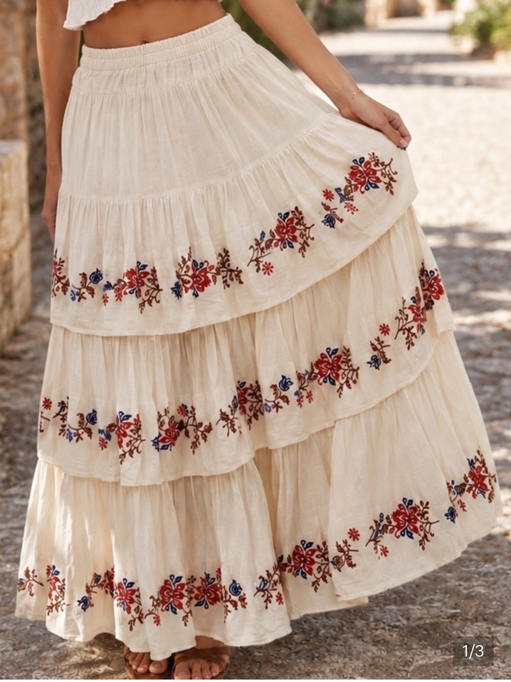NWT Chelsea & Violet Cream Tiered Maxi Skirt Red Blue Floral Embroidery Size S